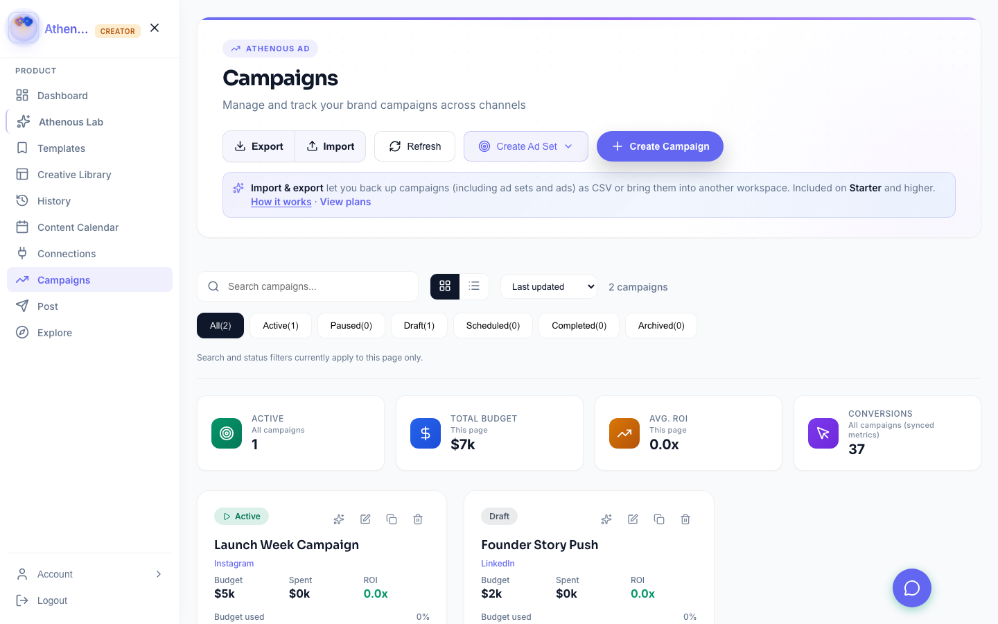 Screenshot: Campaigns in Athenous including bulk and paid setup