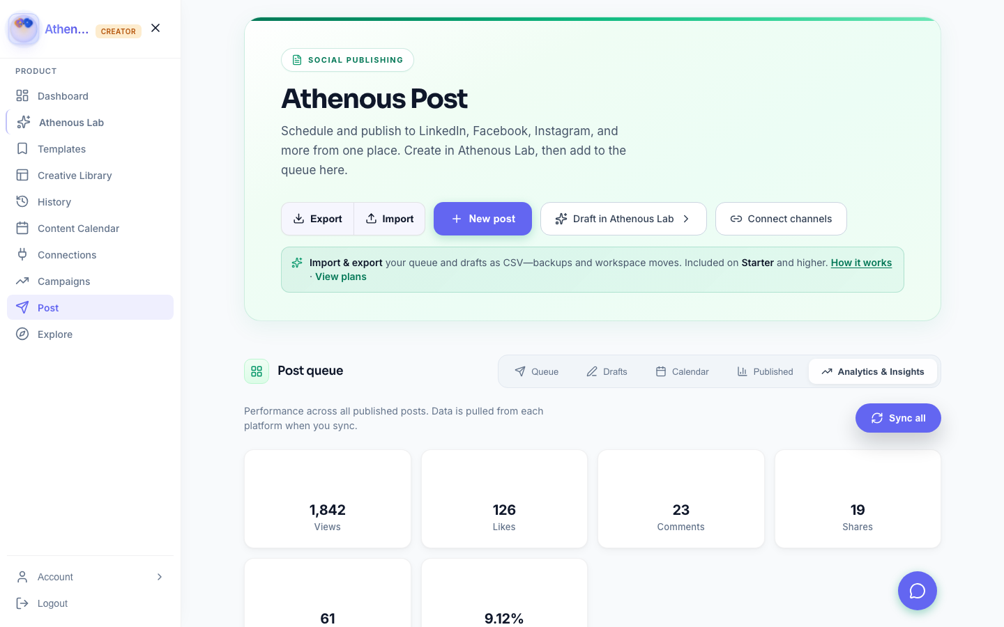 Screenshot: Post composer and scheduling in Athenous