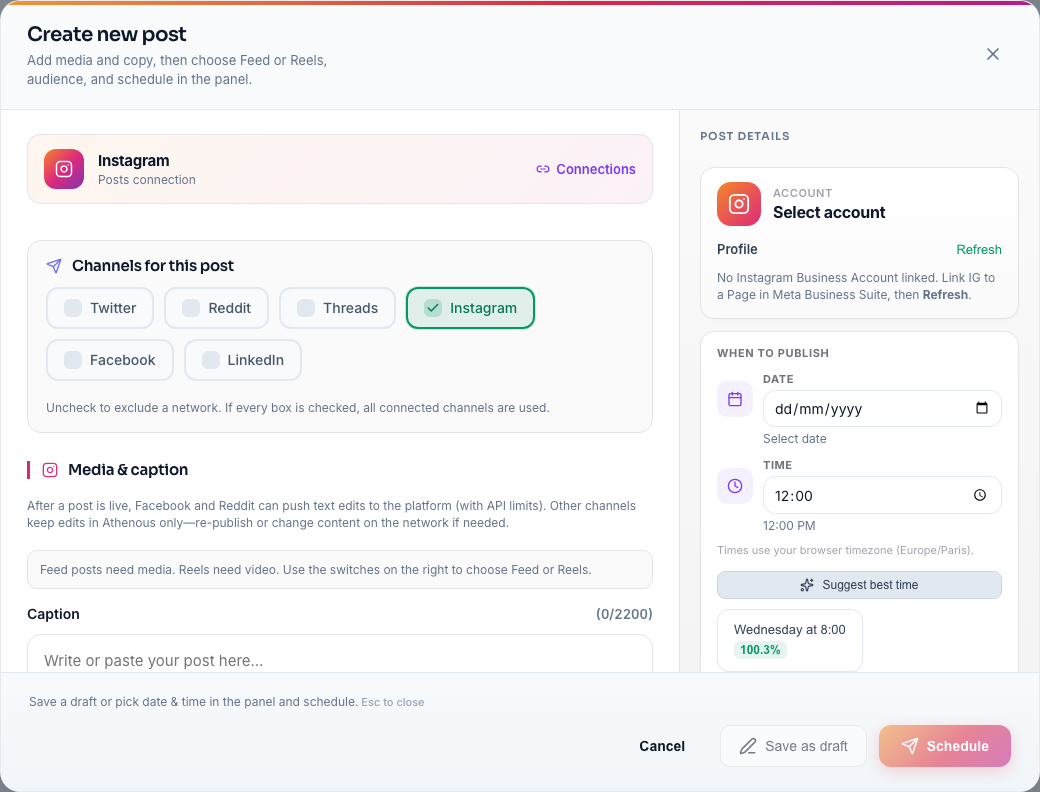 Athenous Post: Suggest best time (Lab) with ranked day and time slots for Instagram