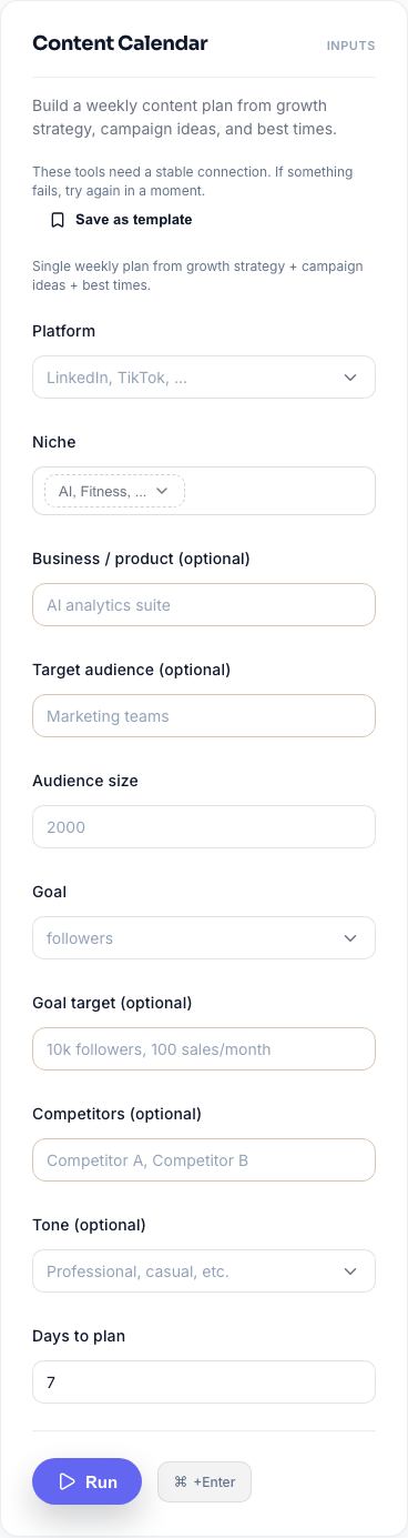 Screenshot: Content Calendar tool form in Athenous Lab with Platform, Niche, Business, Target audience, Goal, Audience size, and Days to plan fields