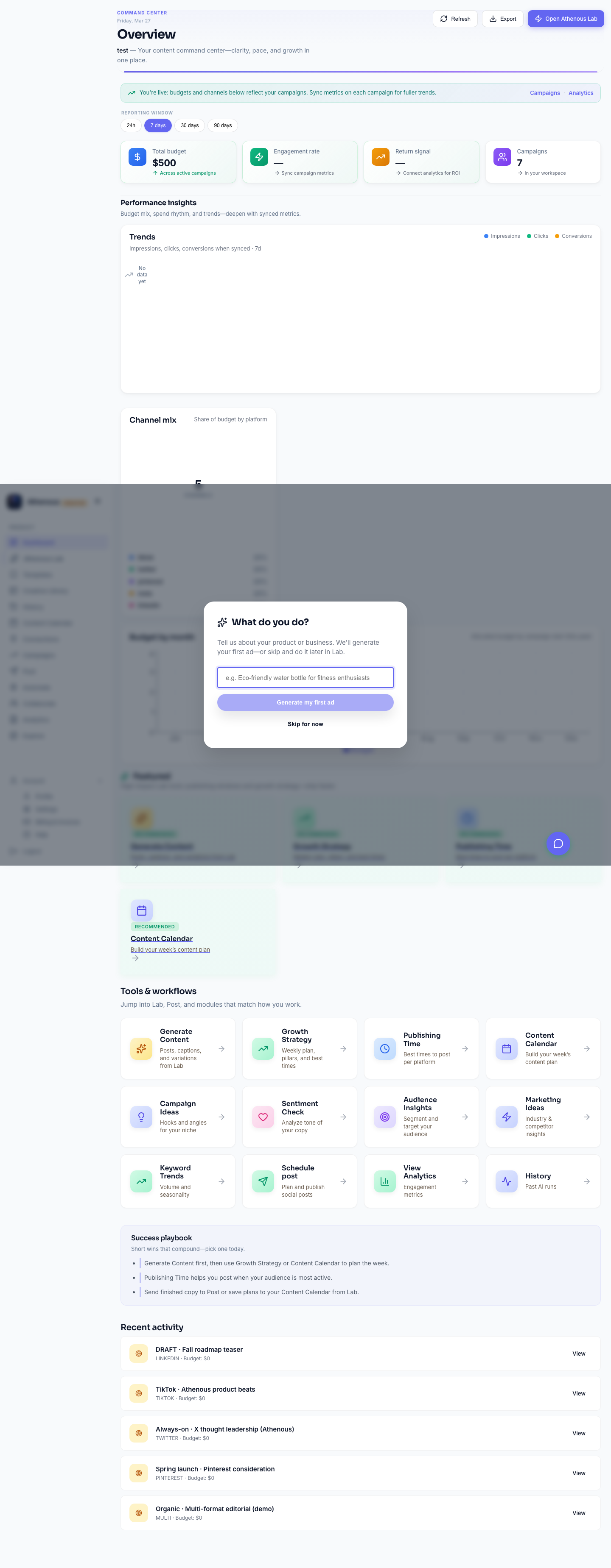 Screenshot: Athenous dashboard or analytics showing engagement metrics and performance