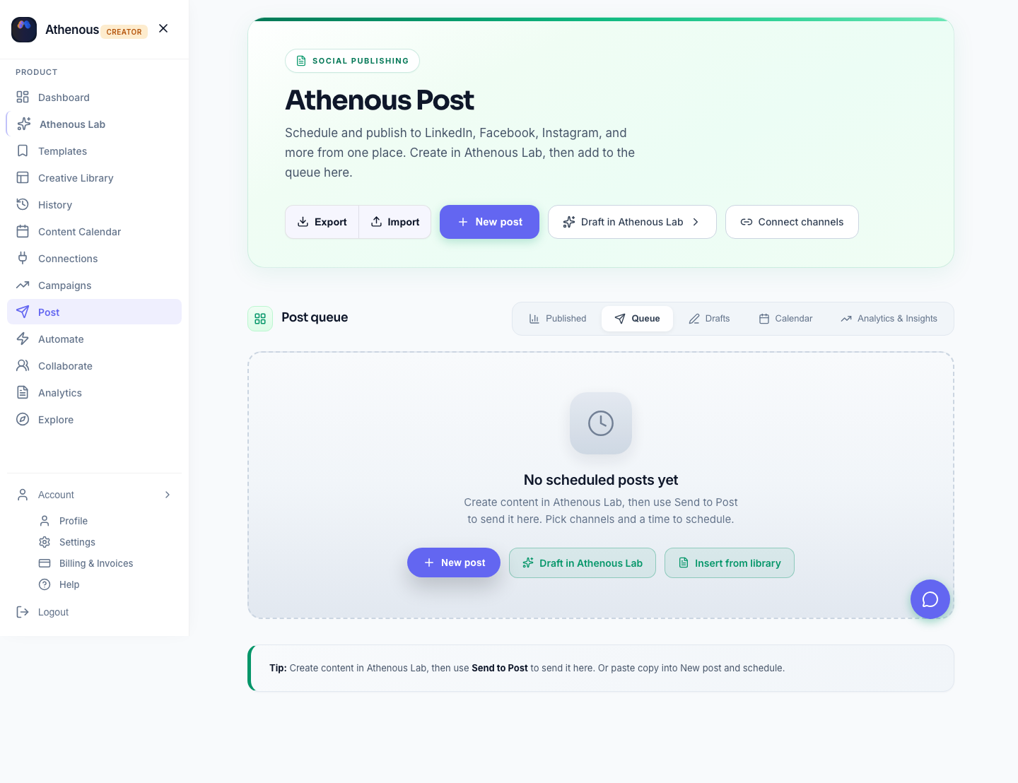 Screenshot: Post scheduler in Athenous showing scheduled posts with dates, times, and channels